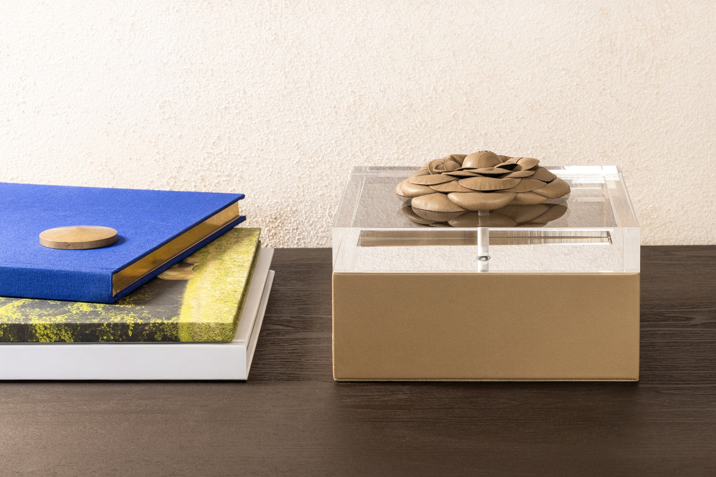 Riviere Fleur Camellia Diamonds Square Box | Leather box with an acrylic lid and leather camellia flower | Quilted diamonds padded lining | Elegant and stylish design | Home Decor and Accessories | 2Jour Concierge, your luxury lifestyle shop