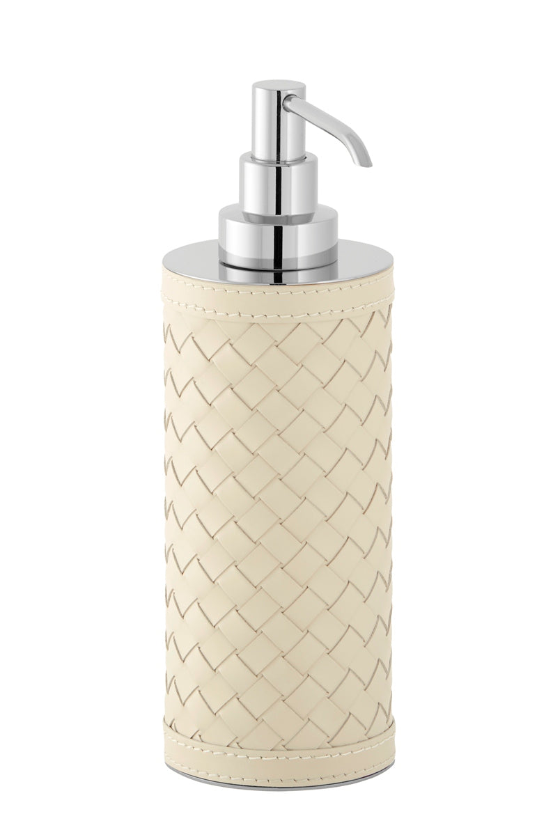 Riviere Alghero Handwoven Leather Tall Soap Dispenser | Covered with Handwoven Leather | Features Chrome or Gold Metal Finish | Elevate Your Bathroom Decor with Luxury Accessories from 2Jour Concierge, #1 luxury high-end gift & lifestyle shop