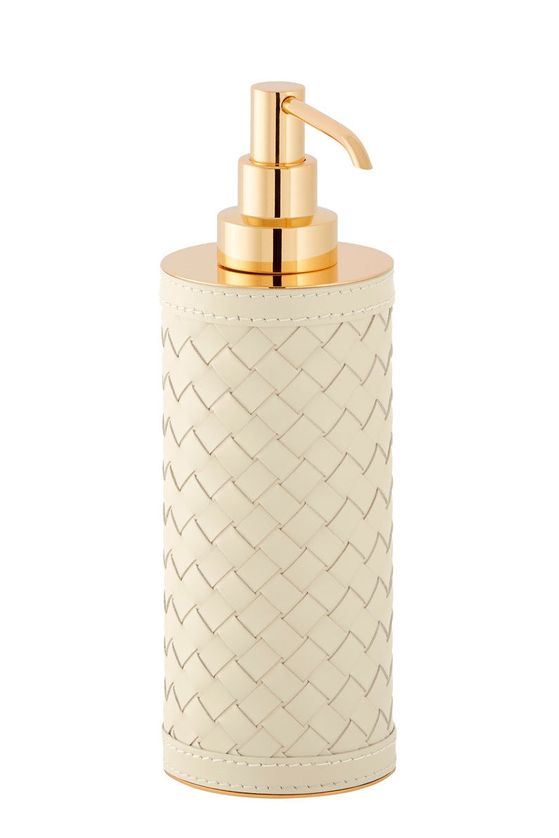 Riviere Alghero Handwoven Leather Tall Soap Dispenser | Covered with Handwoven Leather | Features Chrome or Gold Metal Finish | Elevate Your Bathroom Decor with Luxury Accessories from 2Jour Concierge, #1 luxury high-end gift & lifestyle shop
