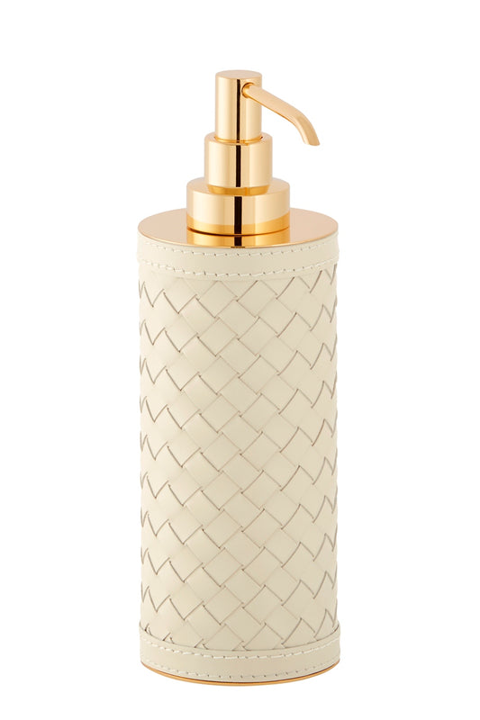 Riviere Alghero Handwoven Leather Tall Soap Dispenser | Covered with Handwoven Leather | Features Chrome or Gold Metal Finish | Elevate Your Bathroom Decor with Luxury Accessories from 2Jour Concierge, #1 luxury high-end gift & lifestyle shop
