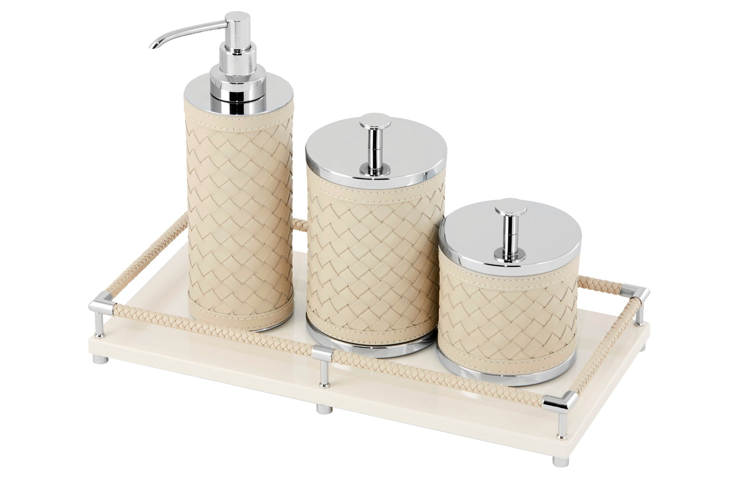 Riviere Alghero Handwoven Leather Box with Metal Finish | Covered with Handwoven Leather | Features Chrome or Gold Metal Finish | Perfect for Organizing and Elevating Your Bathroom Decor