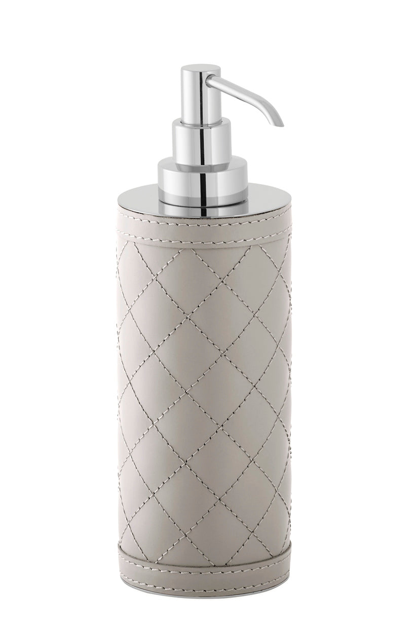 Riviere Alghero Diamonds Leather Tall Soap Dispenser | Covered with Quilted Diamonds Padded Leather | Features Chrome or Gold Metal Finish | Elevates Bathroom Decor with Luxurious Style