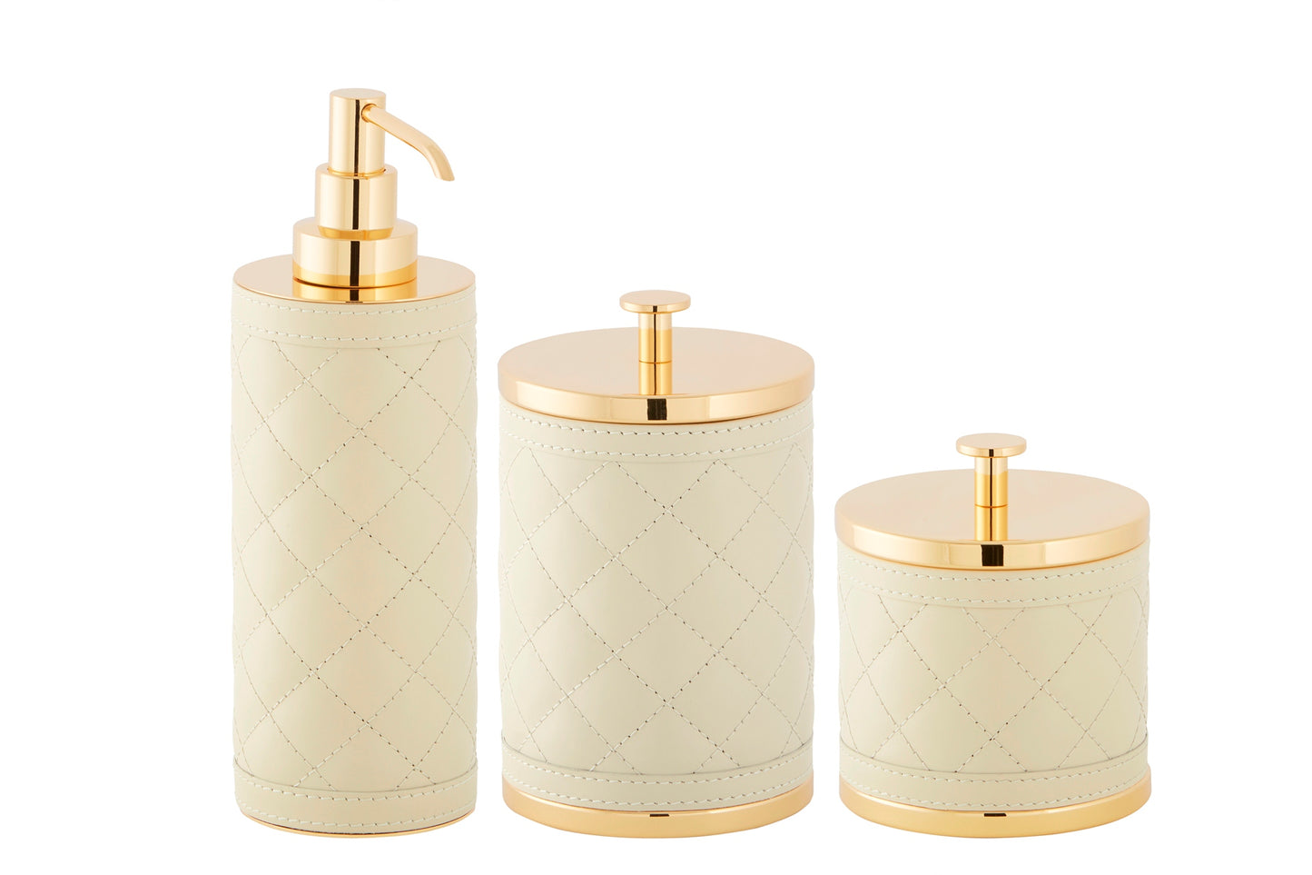 Riviere Alghero Diamonds Leather Tall Soap Dispenser | Covered with Quilted Diamonds Padded Leather | Features Chrome or Gold Metal Finish | Elevates Bathroom Decor with Luxurious Style