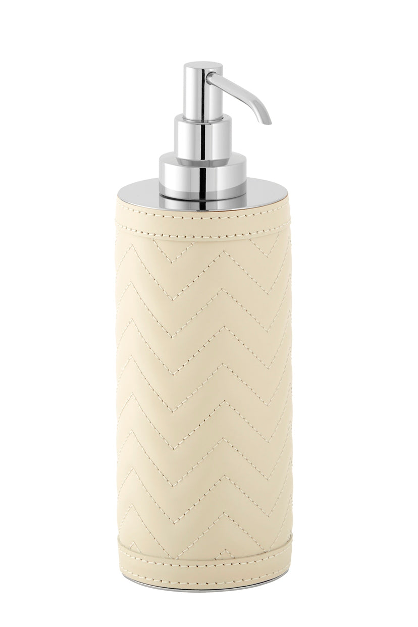 Riviere Alghero Quilted Herringbone Leather Tall Soap Dispenser | Covered with Quilted Herringbone Padded Leather | Features Chrome or Gold Metal Finish | Adds Sophistication to Bathrooms