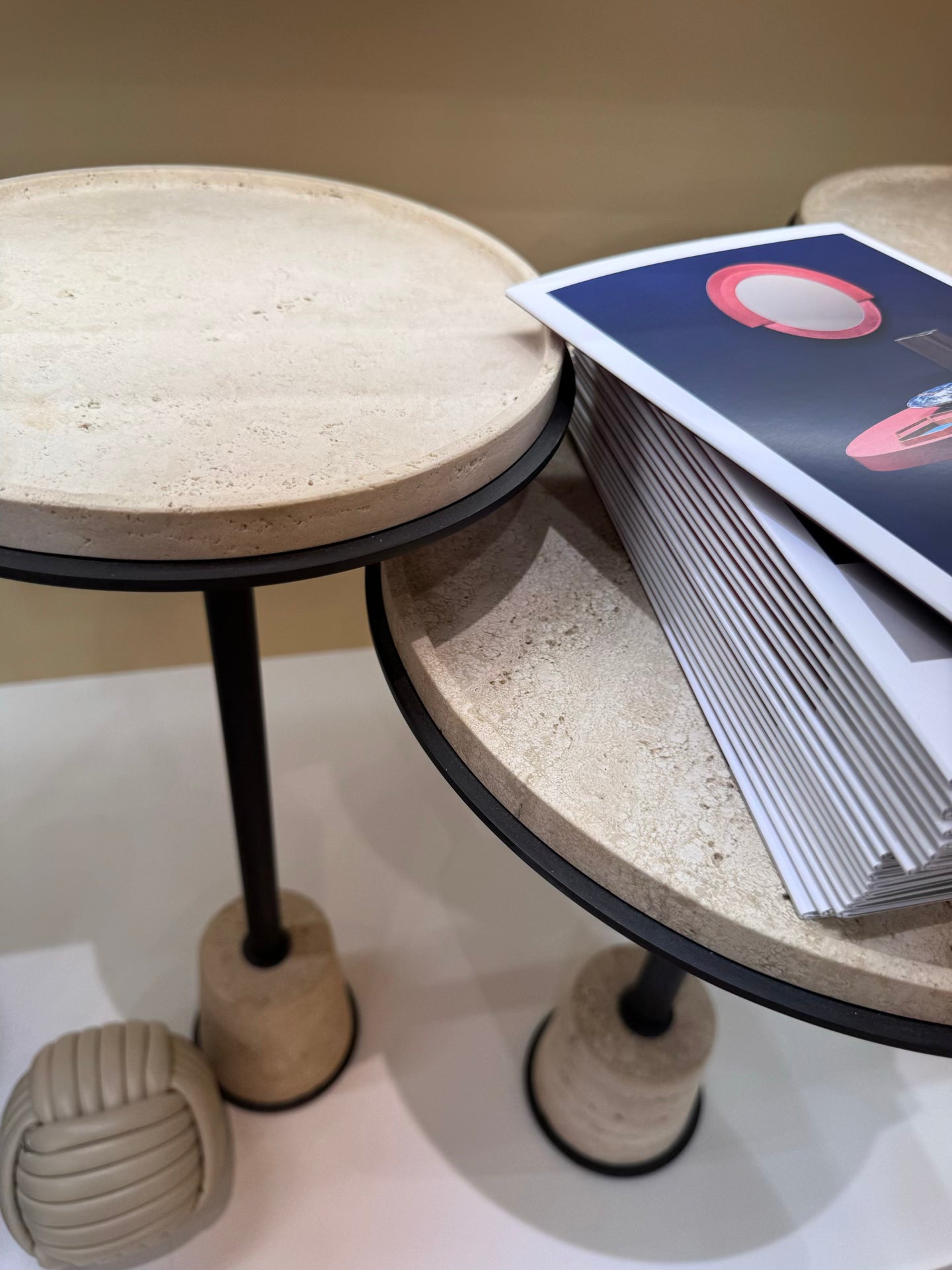 Giobagnara | Sorrento Marble Coffee Table: Round marble top and leather base on slender metal stem with metal rings — small, medium, large | Furniture | 2Jour Concierge, your luxury lifestyle shop | luxury marble coffee table, Giobagnara Sorrento, leather base coffee table, Italian designer furniture