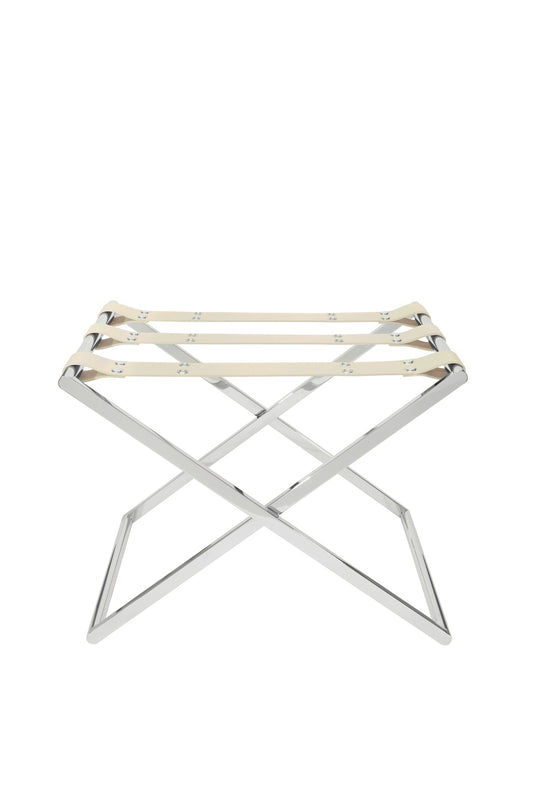 Sibari Luggage Rack by Riviere | Folding luggage rack with three leather straps. Chrome or gold metal legs with adjustable height. | Furniture and Luggage Accessories | 2Jour Concierge, your luxury lifestyle shop