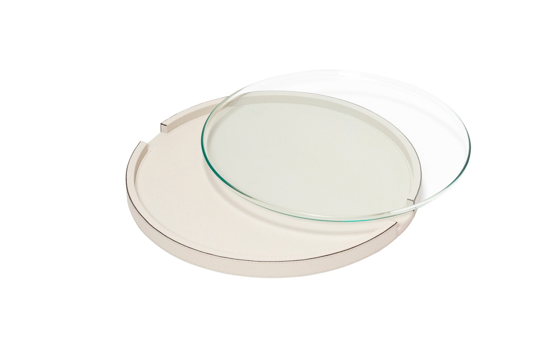 Giobagnara Gourmet Serving Tray | Leather-covered wood structure with a removable clear glass inner plate | Round shape | Elegant and functional design | Home Decor and Serveware | 2Jour Concierge, your luxury lifestyle shop