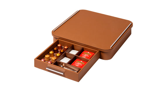 Pigment France by Giobagnara Saint-Germain Coffee and Tea Drawer Organizer for Classic Capsules | Leather-covered wood structure with metal inserts available in chrome, bronze, or brass finishes | Features inner walnut wood partitions to host coffee spoons, sugar, 10 Nespresso classic capsules, and tea bags | Kitchen Accessories | 2Jour Concierge, your luxury lifestyle shop