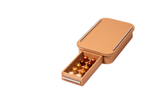 Pigment France by Giobagnara Saint-Germain Compact Coffee Drawer Organizer for Classic Capsules | Leather-covered wood structure with metal inserts available in chrome, bronze, or brass finishes | Features inner walnut wood partitions to host 10 Nespresso classic capsules | Kitchen Accessories | 2Jour Concierge, your luxury lifestyle shop