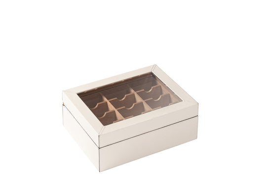 Leather-Covered Cedar Tea Box Organizer with Transparent Plexiglass Lid S