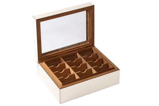 Giobagnara Tea Box Organiser With Transparent Plexiglass Lid | Leather-covered aged cedar case with hinged lid and plexiglass insert | Inner removable dividers with 12 compartments | Stylish and practical for organizing tea | Home Decor and Accessories | 2Jour Concierge, your luxury lifestyle shop
