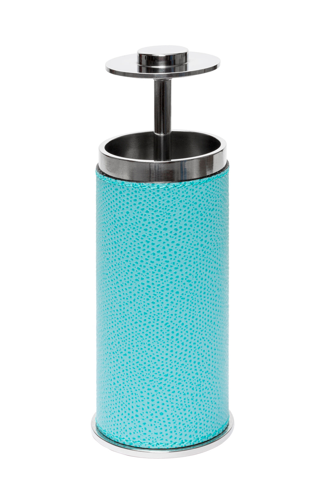 Giobagnara Otello Toothpick Holder | Partially leather-covered stainless steel structure with a discreet push-button top for easy toothpick dispensing | Crafted in Italy by Giobagnara | Serveware & Accessories / Bar Accessories | 2Jour Concierge, your luxury lifestyle shop