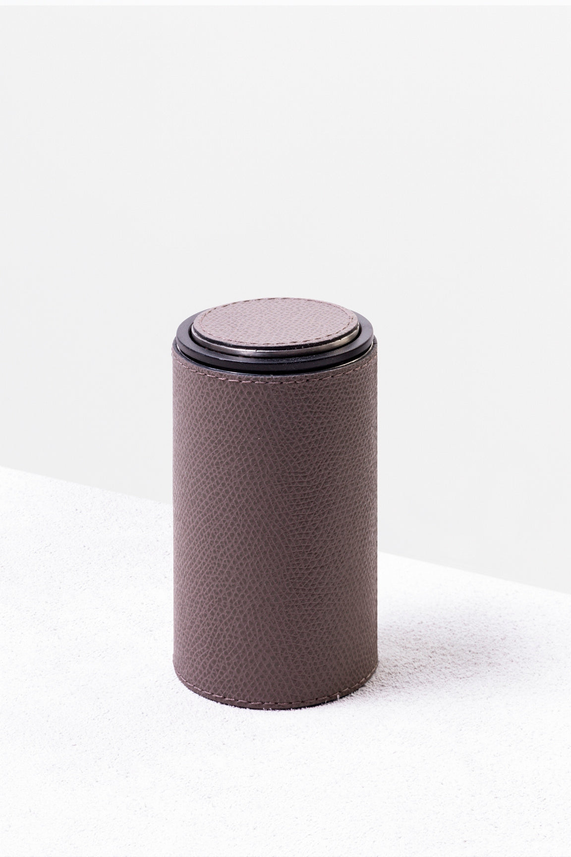 Giobagnara Otello Toothpick Holder | Partially leather-covered stainless steel structure with a discreet push-button top for easy toothpick dispensing | Crafted in Italy by Giobagnara | Serveware & Accessories / Bar Accessories | 2Jour Concierge, your luxury lifestyle shop