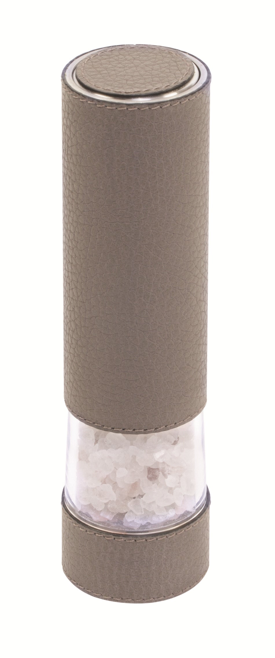 Giobagnara Otello Electric Salt Mill | Leather-covered 18/10 stainless steel and acrylic electric mill with adjustable ceramic grinding mechanism from fine to coarse, battery-operated for effortless seasoning | Serveware & Accessories / Kitchen Tools | 2Jour Concierge, your luxury lifestyle shop