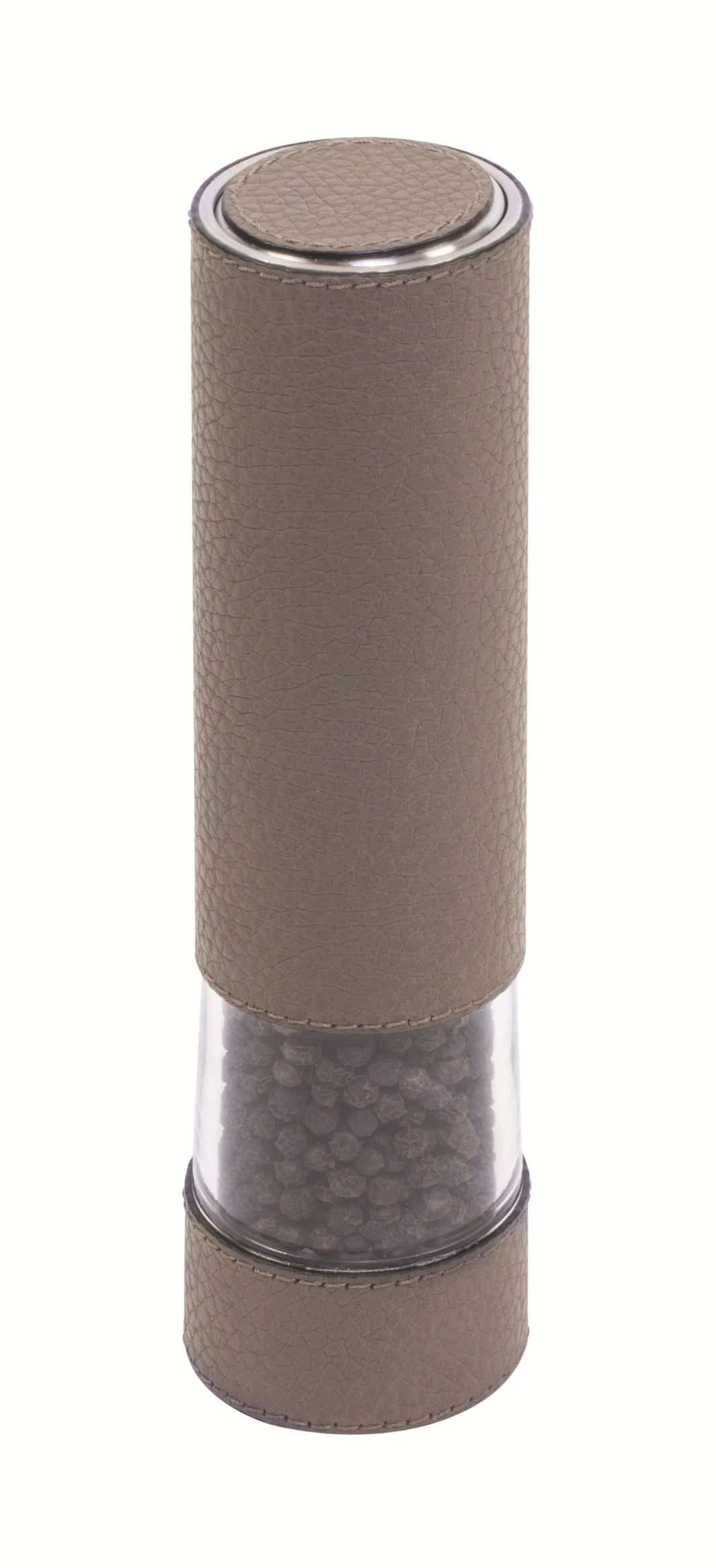 Giobagnara Otello Electric Pepper Mill | Leather-covered 18/10 stainless steel and acrylic electric mill featuring an adjustable carbon steel grinder from fine to coarse, battery-operated for seamless pepper grinding | Serveware & Accessories / Kitchen Tools | 2Jour Concierge, your luxury lifestyle shop