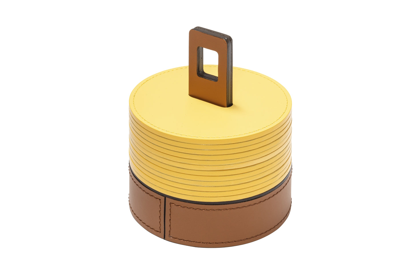 RUDI Nautilus Coaster Holder Round | Inspired by submarine curves with a unique periscope-like handle for easy portability | Crafted from durable Tecnocuoio® Regenerated Leather | Combines nautical aesthetics with essential style | Perfect for organizing coasters or serving drinks | Design by Simone Fanciullacci | Home Decor and Accessories | 2Jour Concierge, your luxury lifestyle shop