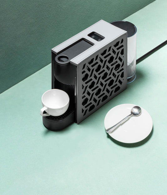 Rudi Essenza | Coffee Machine: Nespresso® system with regenerated leather cover and smooth matte finish, ideal for refined hospitality and in-room service | Serveware + Hospitality / Coffee Machines + Kettles | 2Jour Concierge, your luxury lifestyle shop