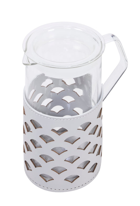 Rudi Messina | Glass Pitcher: Borosilicate glass with regenerated leather sleeve and smooth, matte finish, featuring heat-resistant glass body and lid, available in smooth or patterned versions, for everyday serving | Serveware & Hospitality / Carafes & Pitchers | 2Jour Concierge, your luxury lifestyle shop