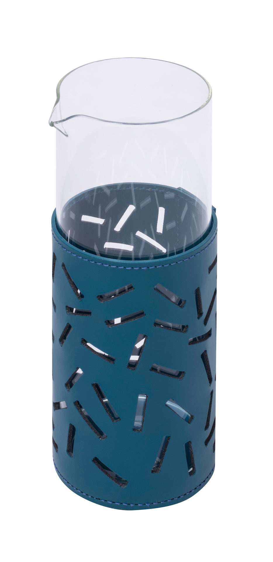Rudi Trapani | Glass Pitcher: Borosilicate glass with regenerated leather sleeve and smooth, matte finish, available with smooth or patterned cutouts, for serving water, juice, or cocktails | Serveware & Hospitality / Carafes & Pitchers | 2Jour Concierge, your luxury lifestyle shop