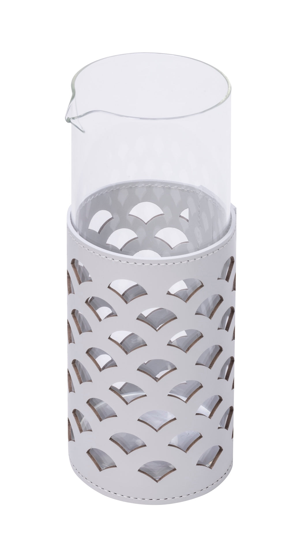 Rudi Trapani | Glass Pitcher: Borosilicate glass with regenerated leather sleeve and smooth, matte finish, available with smooth or patterned cutouts, for serving water, juice, or cocktails | Serveware & Hospitality / Carafes & Pitchers | 2Jour Concierge, your luxury lifestyle shop