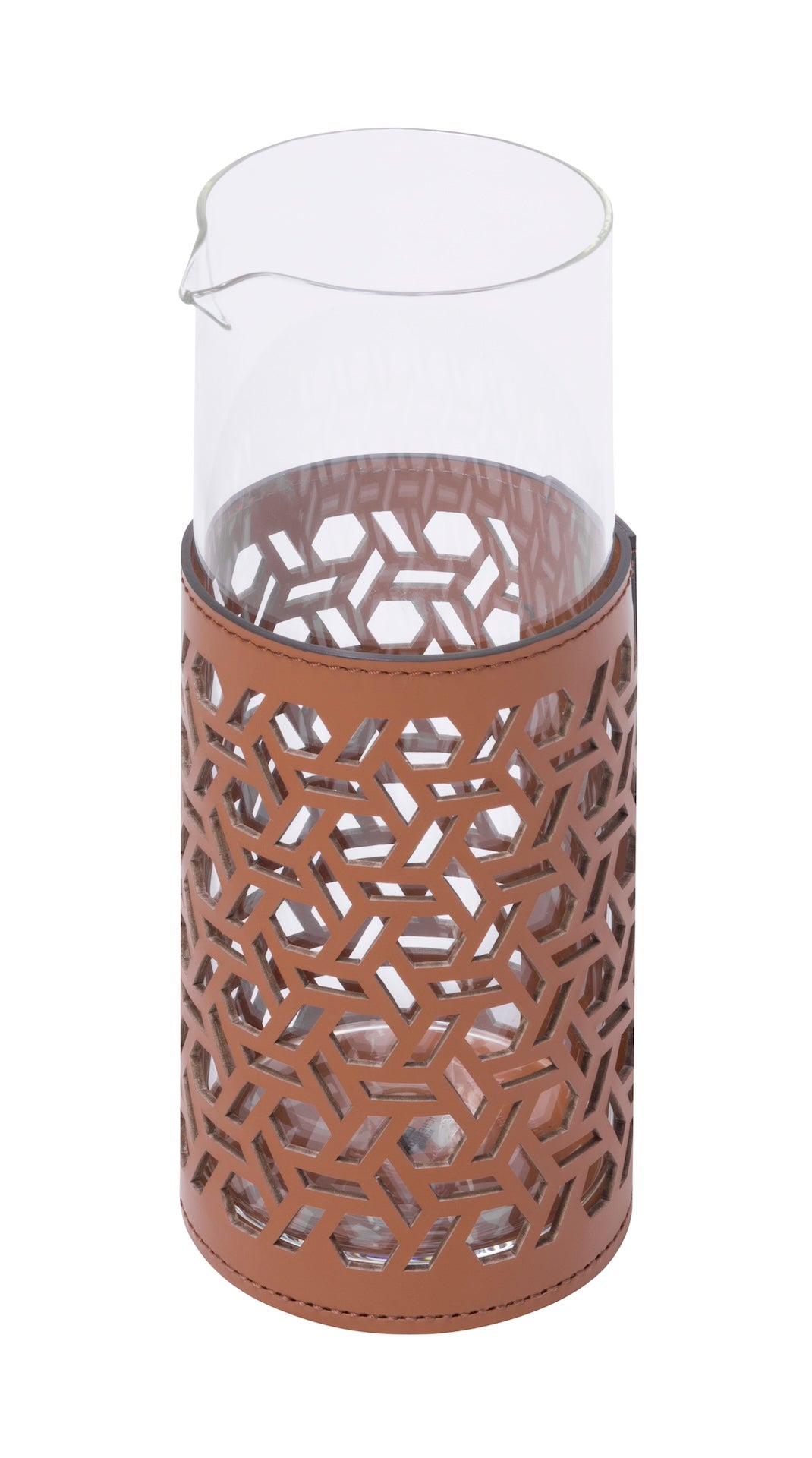 Rudi Trapani | Glass Pitcher: Borosilicate glass with regenerated leather sleeve and smooth, matte finish, available with smooth or patterned cutouts, for serving water, juice, or cocktails | Serveware & Hospitality / Carafes & Pitchers | 2Jour Concierge, your luxury lifestyle shop