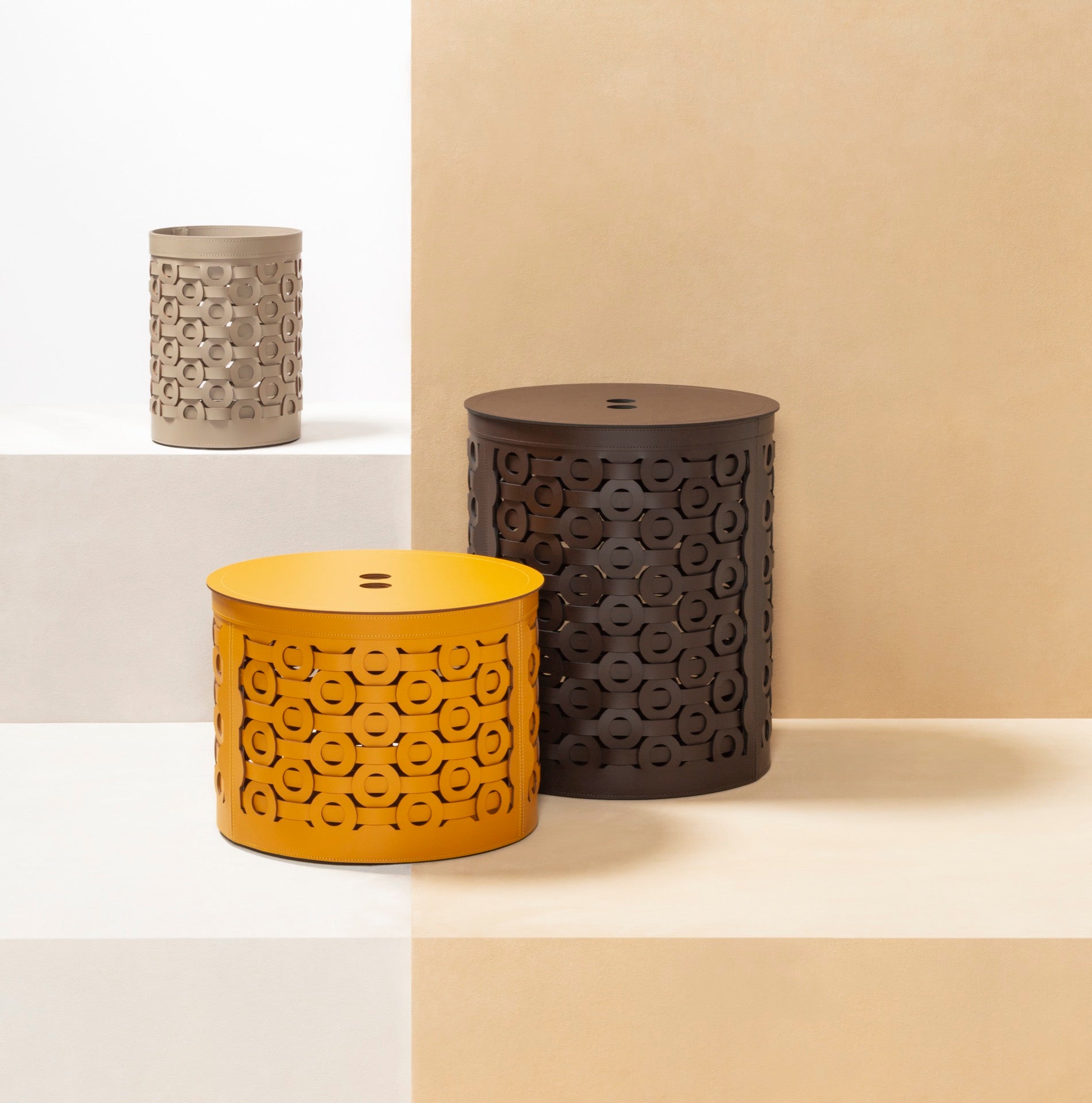 Rudi Bolero | Basket: Regenerated leather with geometric cutout pattern and optional bicolor finish, designed by Simone Fanciullacci for storing laundry, towels, or magazines | Storage / Storage Baskets & Boxes | 2Jour Concierge, your luxury lifestyle shop