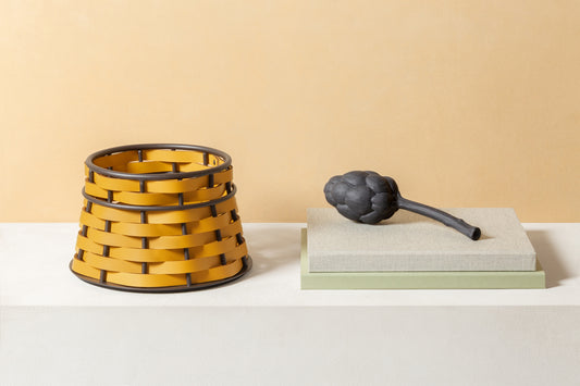 Nassa Storage Basket: Dark-Stained Aluminum Framework, Regenerated Leather Weaving, Tapered Round