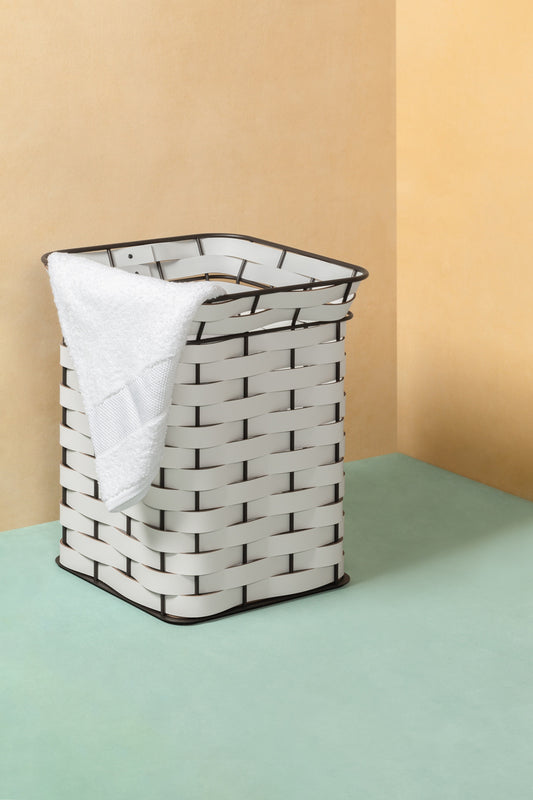 Nassa Basket by RUDI | Dark-stained aluminum framework with vibrant Tecnocuoio® weaving | Combines durability with contemporary elegance | Ideal for laundry, towels, magazines, or everyday objects | Suitable for both indoor and outdoor use | Non-slip waterproof rubber base | Home Decor and Storage | 2Jour Concierge, your luxury lifestyle shop