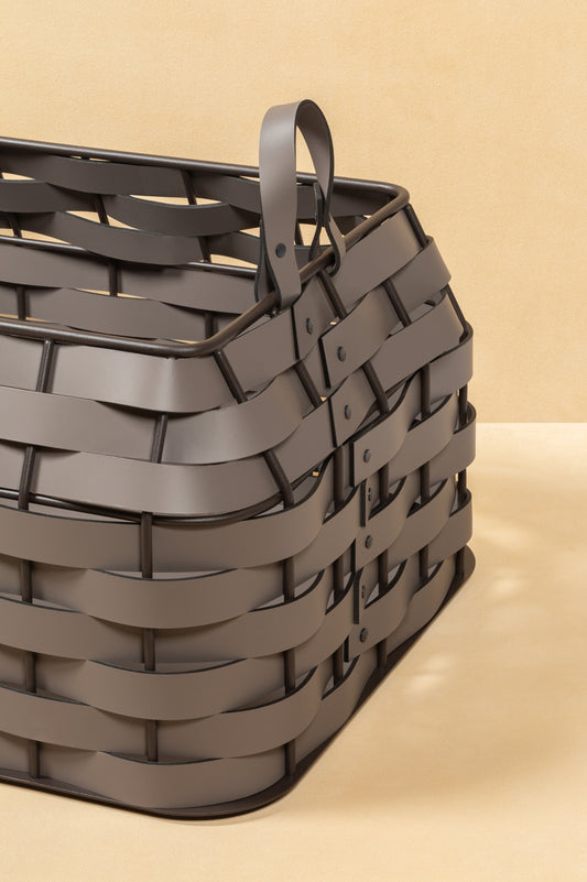 Nassa Basket by RUDI | Dark-stained aluminum framework with vibrant Tecnocuoio® weaving | Combines durability with contemporary elegance | Ideal for laundry, towels, magazines, or everyday objects | Suitable for both indoor and outdoor use | Non-slip waterproof rubber base | Home Decor and Storage | 2Jour Concierge, your luxury lifestyle shop