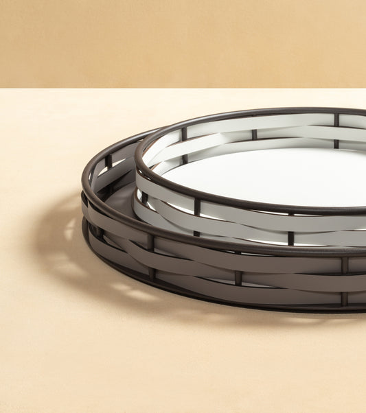 Nassa Regenerated Leather Tray w Dark-Stained Aluminum Framework, Round