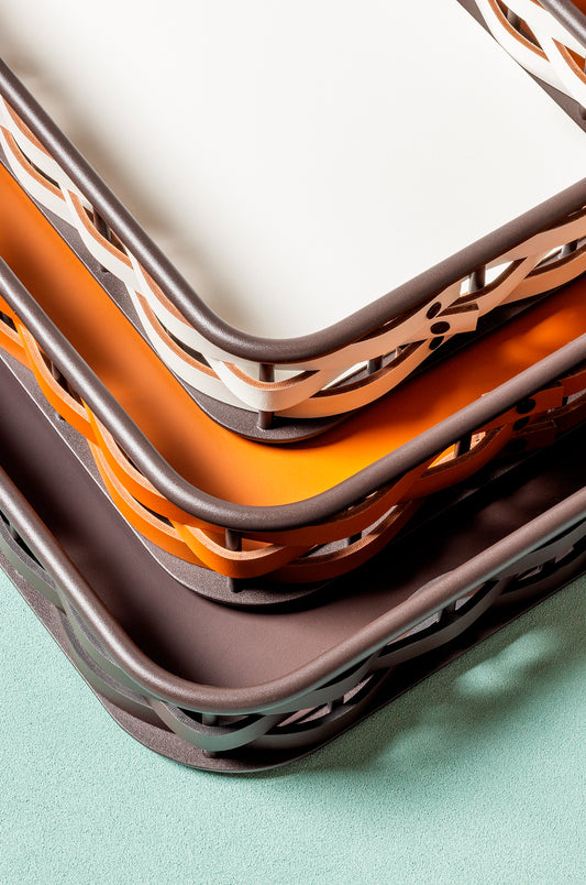 RUDI Nassa Rectangular Trays | A sophisticated blend of style and utility with a dark-stained aluminum structure | Features Tecnocuoio® weaving for contemporary elegance and durability | Available in three sizes | Home Accessories | 2Jour Concierge, your luxury lifestyle shop