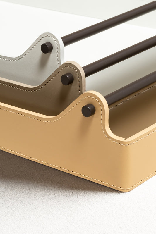 Rudi Circuit | Rectangular Tray: Regenerated leather with dark-stained metal handles and smooth, matte finish, suitable for serving or presentation | Serveware & Hospitality / Trays | 2Jour Concierge, your luxury lifestyle shop