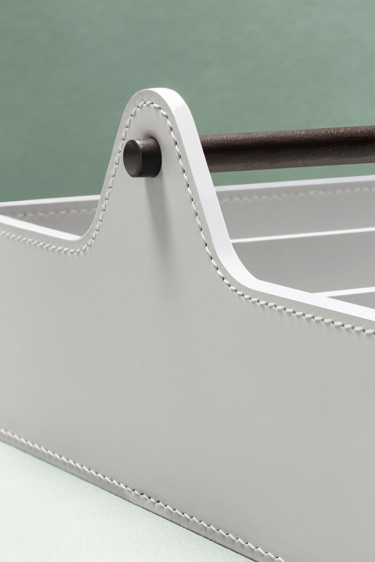 Rudi Circuit | Basket with Dividers: Regenerated leather with dark-stained metal handle and smooth, matte finish, for organized storage of cutlery or small items | Storage / Storage Baskets & Boxes | 2Jour Concierge, your luxury lifestyle shop