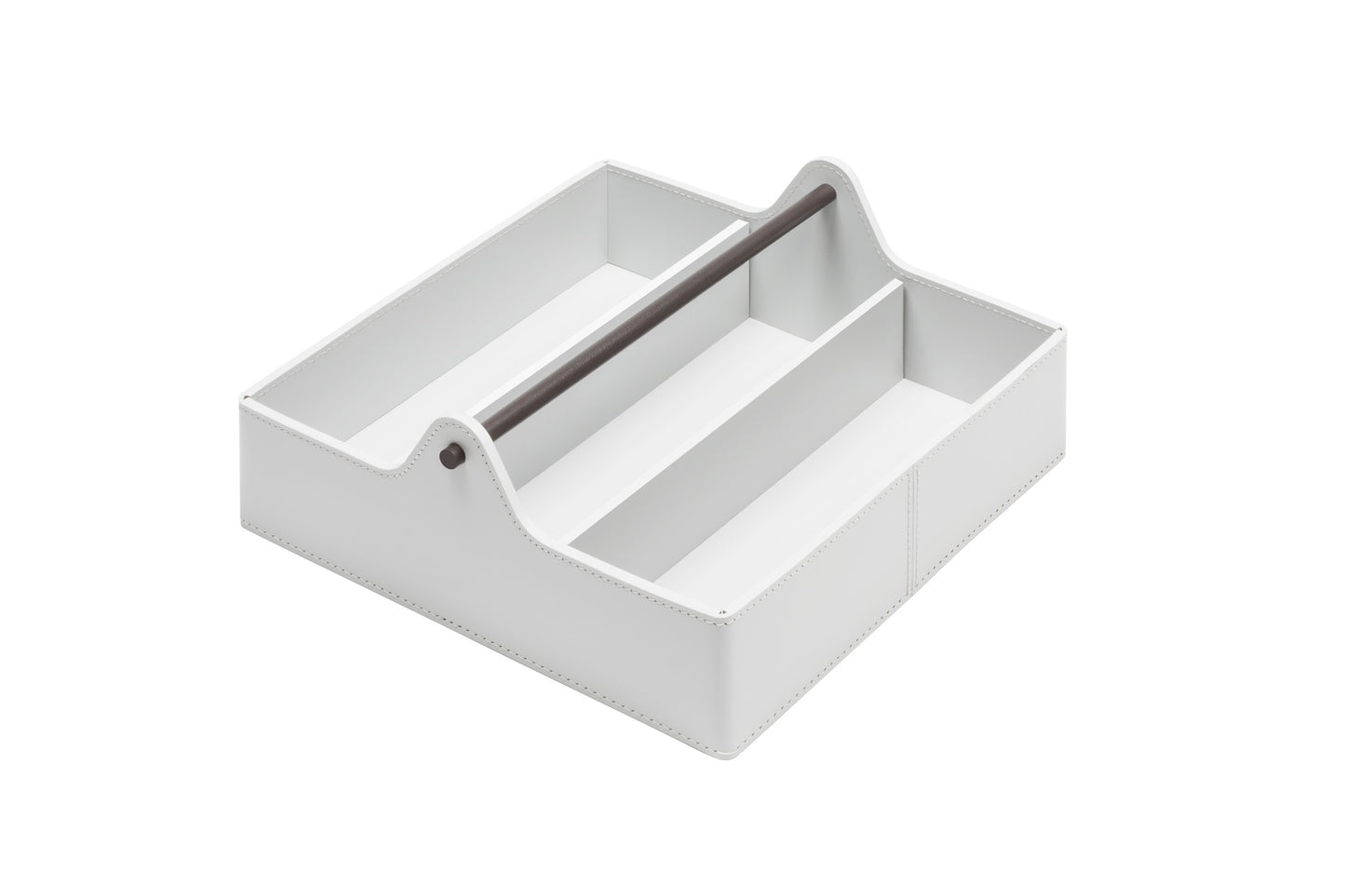 Rudi Circuit | Basket with Dividers: Regenerated leather with dark-stained metal handle and smooth, matte finish, for organized storage of cutlery or small items | Storage / Storage Baskets & Boxes | 2Jour Concierge, your luxury lifestyle shop