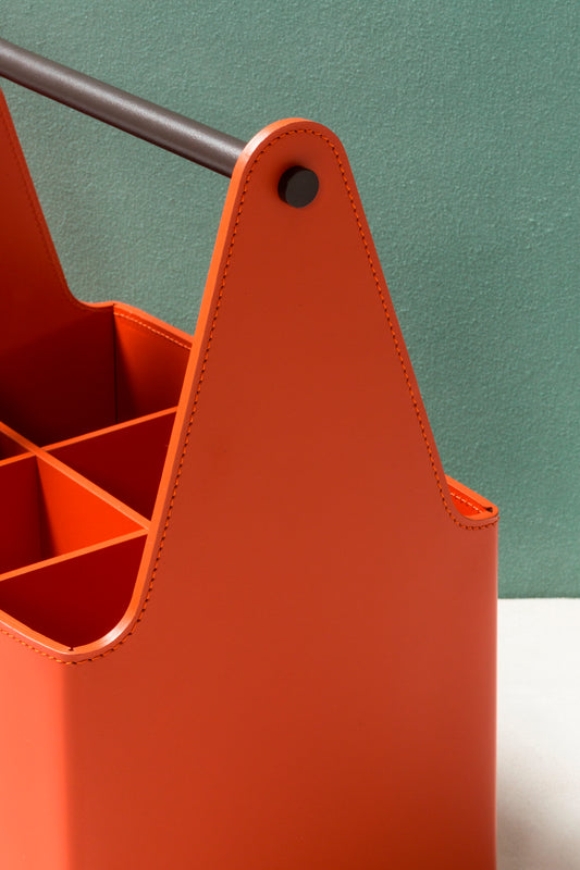 RUDI Circuit Bottle Carrier | Finest Regenerated Reinforced Leather Baskets with Six Dividers | Water-resistant and UV-resistant Finish | Characterizing Dark-stained Metal Handle | Designed by Simone Fanciullacci | Explore a Range of Luxury Home Accessories at 2Jour Concierge, #1 luxury high-end gift & lifestyle shop