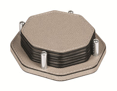 David Leather-Covered Wood Coaster Holder Octagonal with 6 Leather Coasters