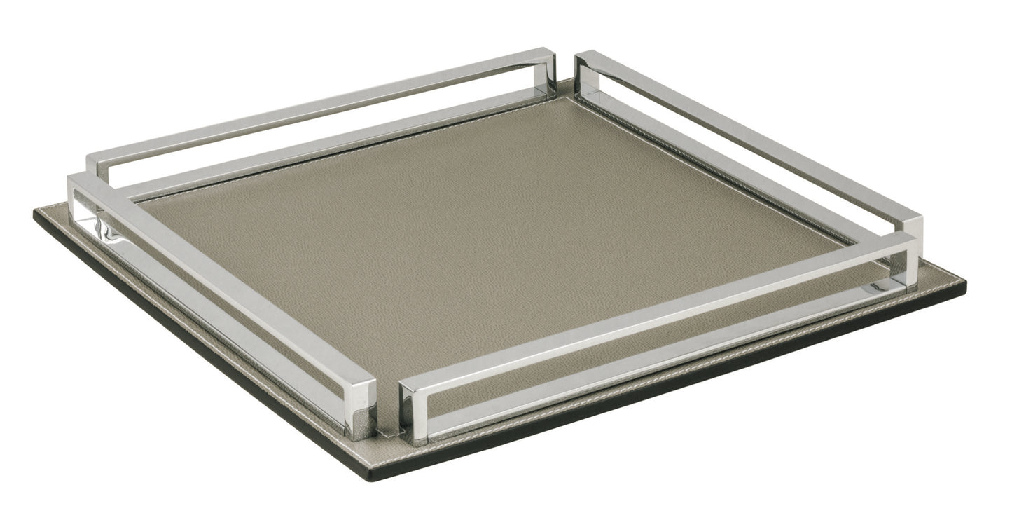 Giobagnara Madison | Rectangular Tray: Leather-covered wood with chrome handles, available in small and large | Serveware + Hospitality / Trays | 2Jour Concierge, your luxury lifestyle shop | contemporary entertaining, refined home décor, handcrafted in Italy