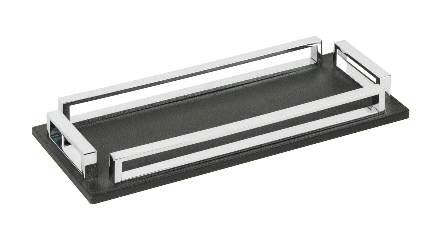 Giobagnara Madison | Rectangular Tray: Leather-covered wood with chrome handles, available in small and large | Serveware + Hospitality / Trays | 2Jour Concierge, your luxury lifestyle shop | contemporary entertaining, refined home décor, handcrafted in Italy