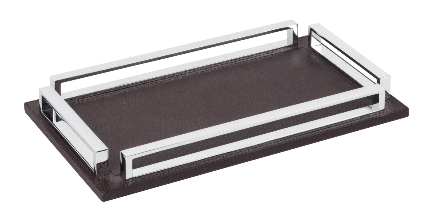 Giobagnara Madison | Rectangular Tray: Leather-covered wood with chrome handles, available in small and large | Serveware + Hospitality / Trays | 2Jour Concierge, your luxury lifestyle shop | contemporary entertaining, refined home décor, handcrafted in Italy