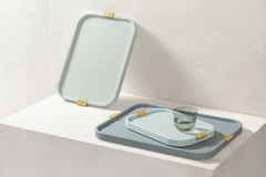 Puccini Leather-Covered Wood Tray with Metal Handles, Rectangular
