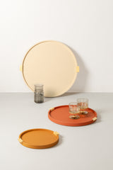 Puccini Leather-Covered Wood Tray with Metal Handles, Round