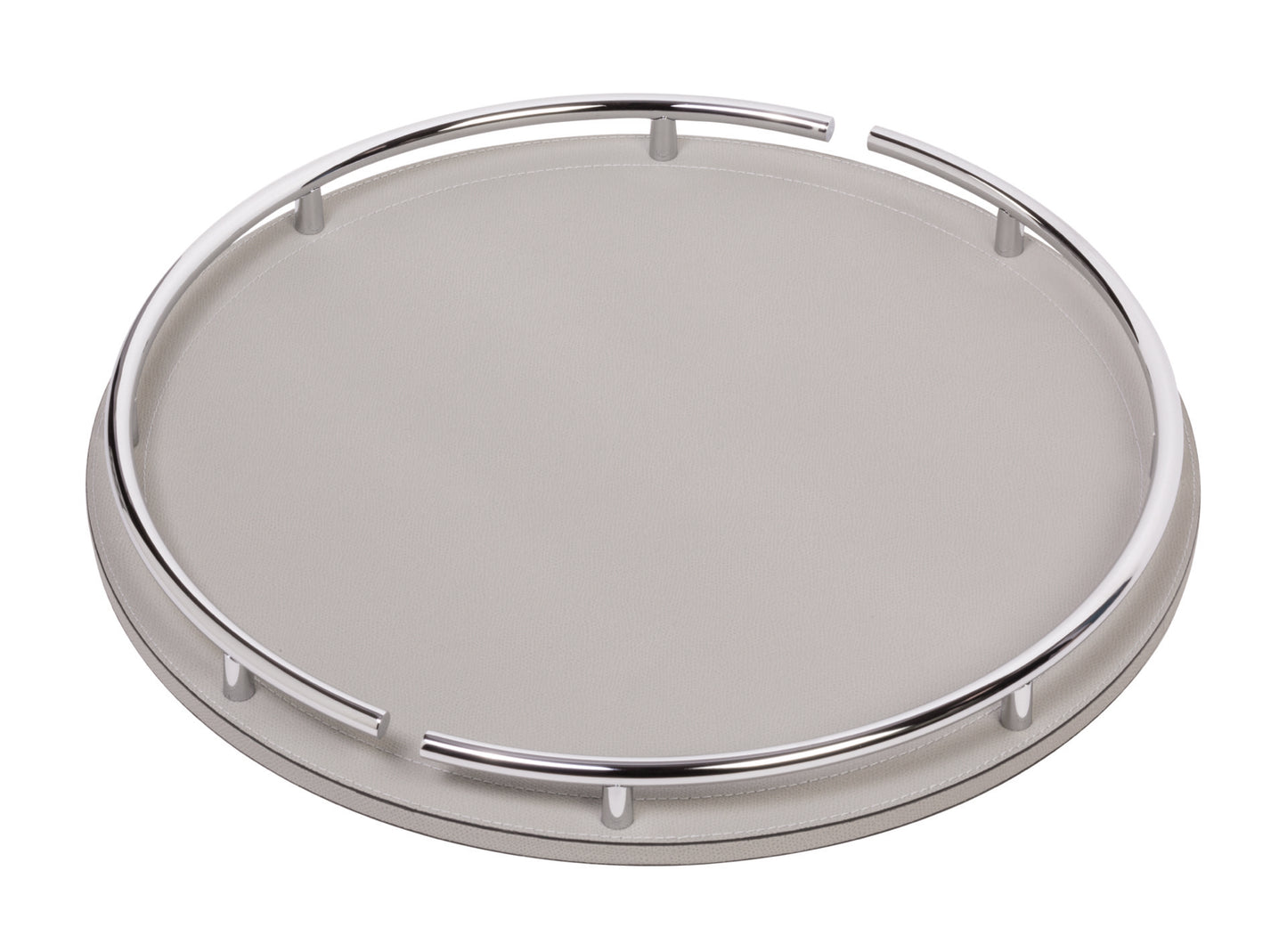 Giobagnara Circus | Tray: Leather-covered wood with chrome handles, available in round or oval | Serveware + Hospitality / Trays | 2Jour Concierge, your luxury lifestyle shop | contemporary elegance, Italian craftsmanship, luxury serving accessories