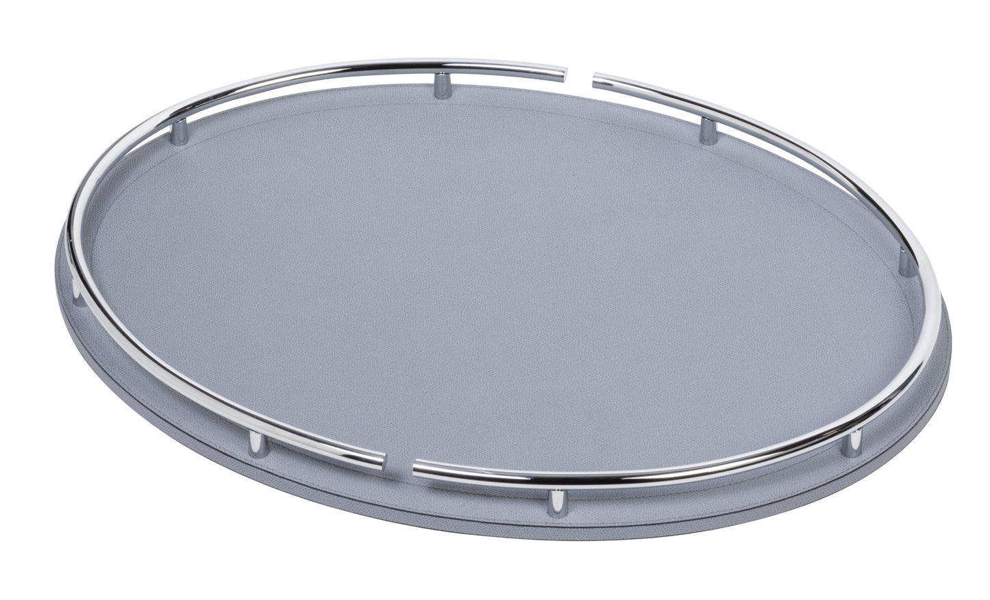 Giobagnara Circus | Tray: Leather-covered wood with chrome handles, available in round or oval | Serveware + Hospitality / Trays | 2Jour Concierge, your luxury lifestyle shop | contemporary elegance, Italian craftsmanship, luxury serving accessories