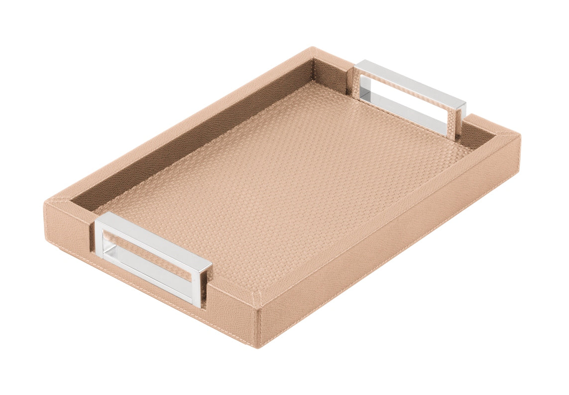 Victor Leather-Covered Wood Tray, Rectangular with Chrome-Finish Metal Handles