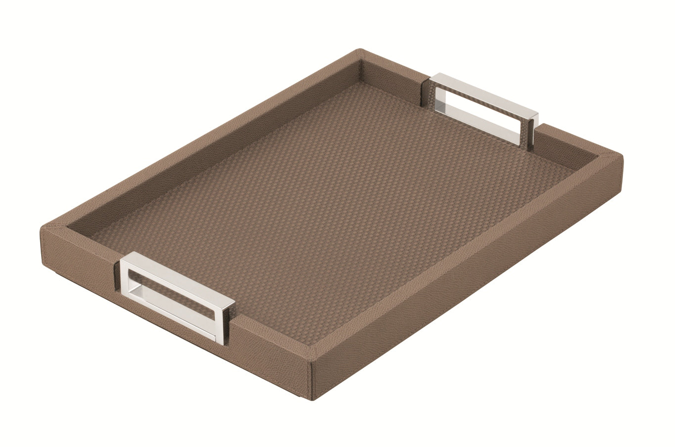 **Giobagnara Victor Tray** | Contemporary leather-covered tray with a wood core and polished chrome-finish metal handles | Defined by its clean lines and refined materials, perfect for serving or as an elegant surface for display | Crafted in Italy by Giobagnara | Serveware & decor | 2Jour Concierge, your luxury lifestyle shop