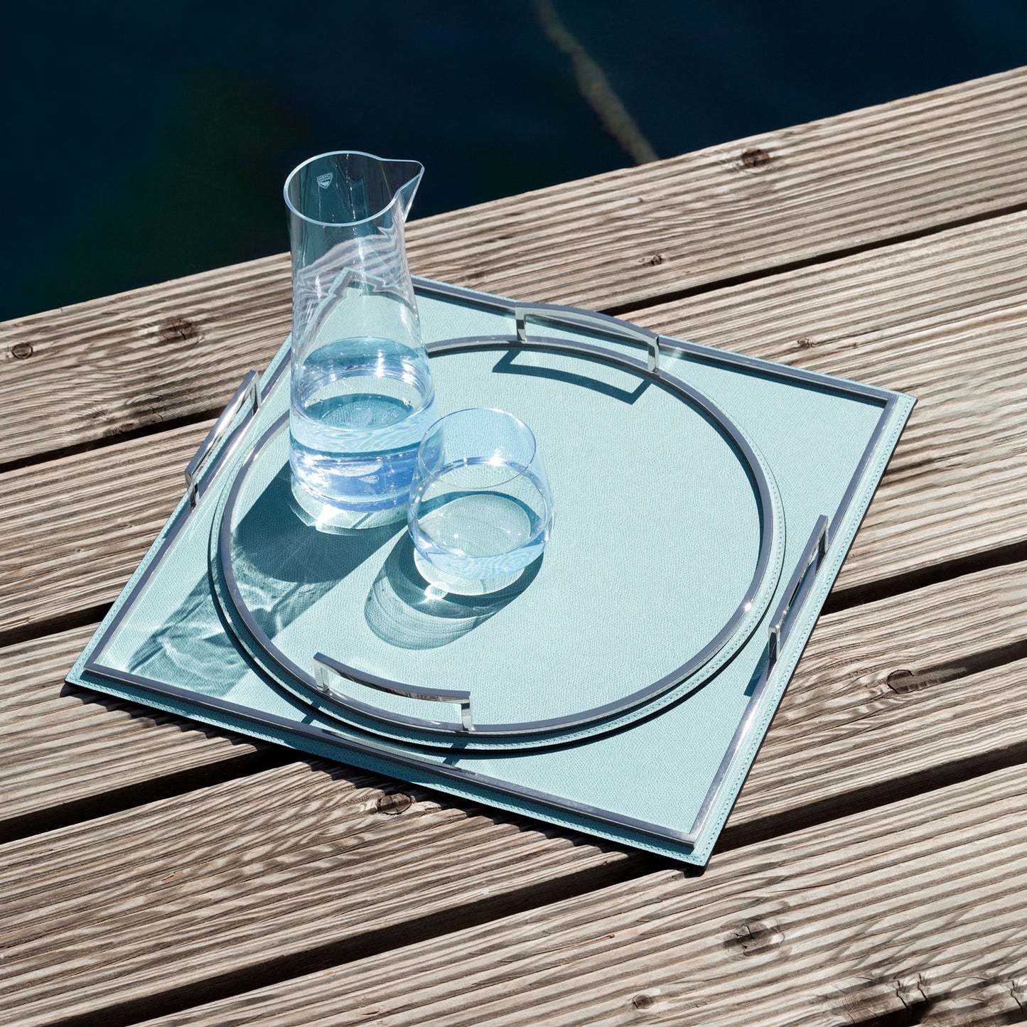 Defile Tray by Giobagnara | Leather-covered metal structure with brass frame and handles. | Home Decor and Serveware | 2Jour Concierge, your luxury lifestyle shop