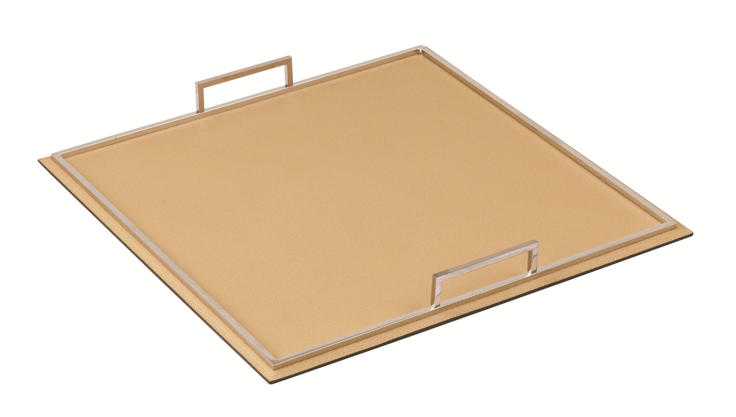 Defile Tray by Giobagnara | Leather-covered metal structure with brass frame and handles. | Home Decor and Serveware | 2Jour Concierge, your luxury lifestyle shop