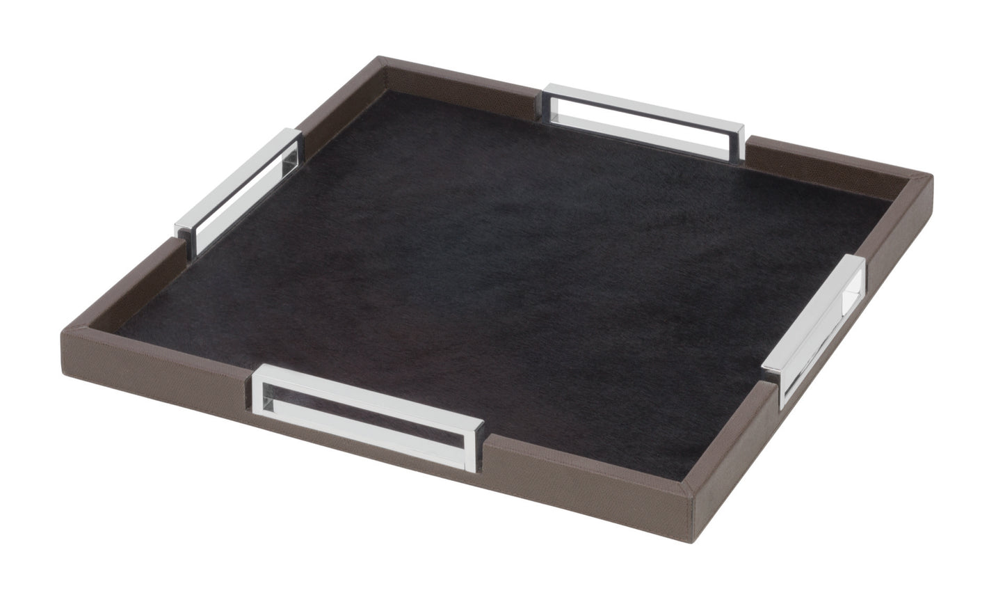 Giobagnara Roma | Square Tray: Leather-covered wood tray with chrome handles, available in small, medium, and large | Home Accessories / Trays | 2Jour Concierge, your luxury lifestyle shop | refined barware, modern classics, Italian craftsmanship, elegant entertaining