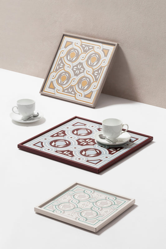 San Marco Tray N.1 by Giobagnara | Leather-covered wood structure with a graphic pattern inspired by a decoration on the left side facade of the Basilica di San Marco in Venice | San Marco Collection | Combines historic legacy with modernity, celebrating Venice's artistic and cultural heritage | Home Decor and Serveware | 2Jour Concierge, your luxury lifestyle shop