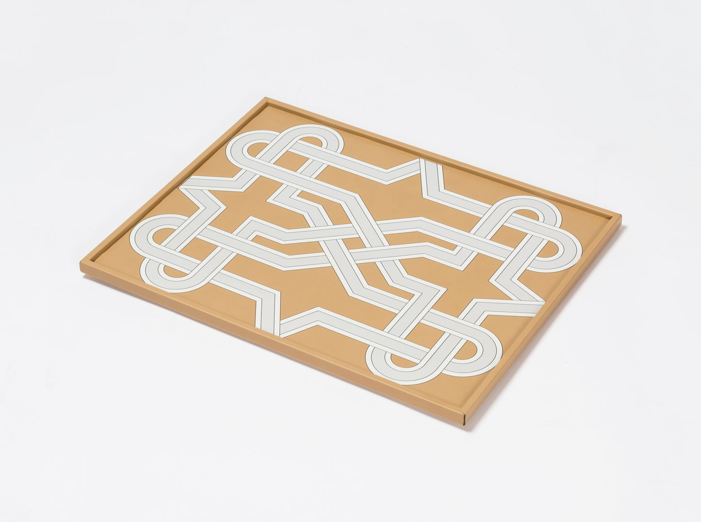 San Marco Rectangular Tray N.2 by Giobagnara | Leather-covered wood structure with an interweaving decorative motif inspired by a marble grating of a window of the Prison of San Marco in Venice | San Marco Collection | Combines historic legacy with modernity, celebrating Venice's artistic and cultural heritage | Home Decor and Serveware | 2Jour Concierge, your luxury lifestyle shop